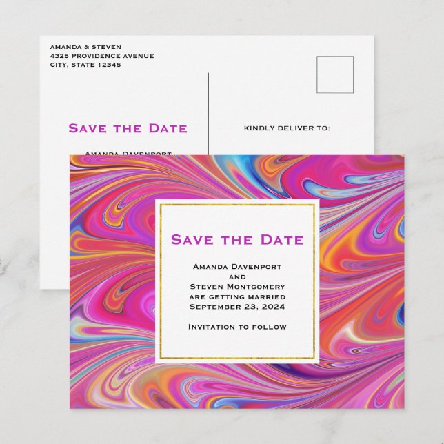 Pink Orange Swirls Abstract Design Save the Date Invitation Postcard (Front/Back)