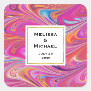 Pink Orange Swirls Abstract Design Wedding Date Square Sticker