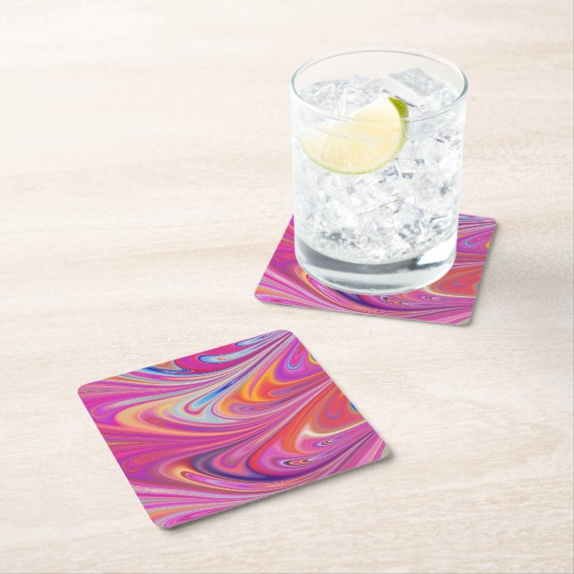 Pink Orange Swirls Groovy Design Square Paper Coaster (Insitu)