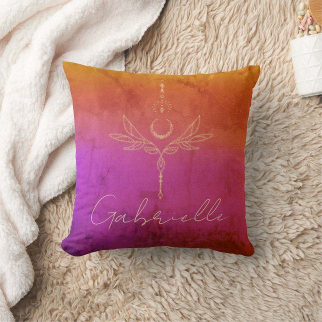 Pink & Orange Textured Gold Glitter Celestial Name Throw Pillow (Blanket)