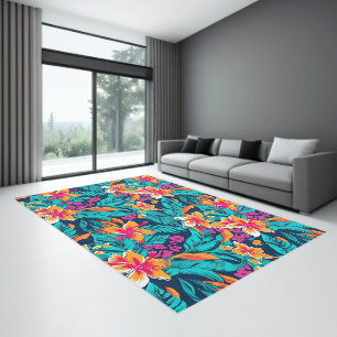 Pink, orange topical flowers and leaves pattern rug