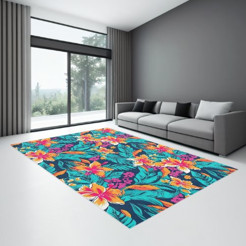 Pink orange topical flowers and leaves pattern rug