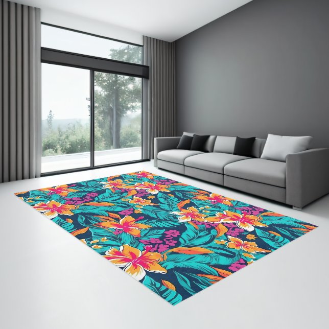 Pink, orange topical flowers and leaves pattern rug (Insitu (Indoor 3))