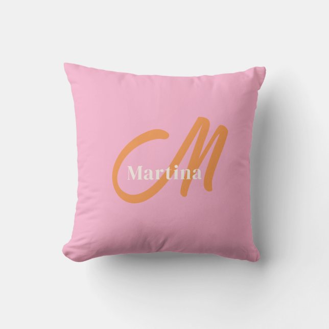 Pink Orange Trendy Monogram Throw Pillow (Front)