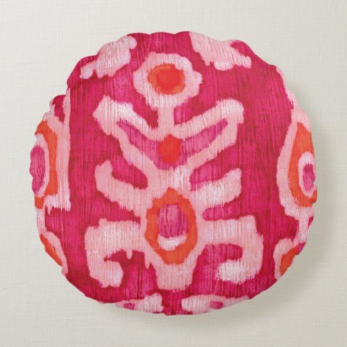 Pink  Orange Tribal Ikat  Round Pillow