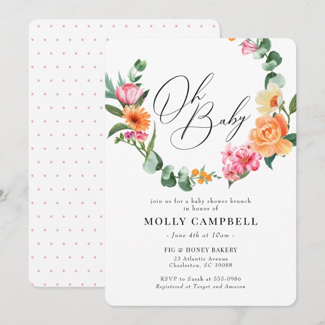 Pink Orange Tropical Flower Wreath Baby Shower Invitation (Front/Back)