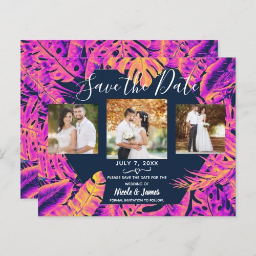 Pink Orange Tropical Leaves Wedding Save the Date