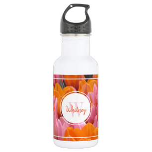 Pink & Orange Tulips Monogram Water Bottle
