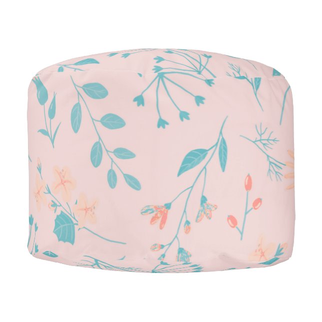 pink orange turquoise blue floral berry Round Pouf (Front)