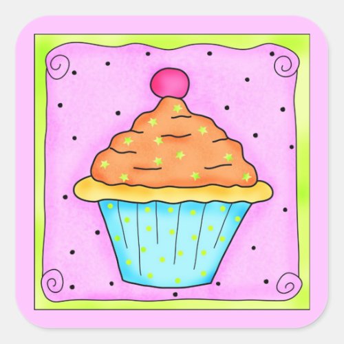 Pink Orange Turquoise Cupcake with Cherry Square Sticker