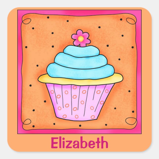 Pink Orange Turquoise Flower Cupcake Name Square Sticker (Front)