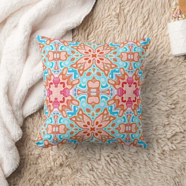 Pink Orange Turquoise Retro Chic Mosaic Pattern Throw Pillow (Blanket)