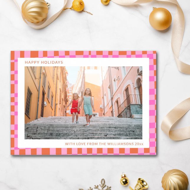 Pink Orange Unique Retro Checkerboard Two Photo  Holiday Card (Creator Uploaded)
