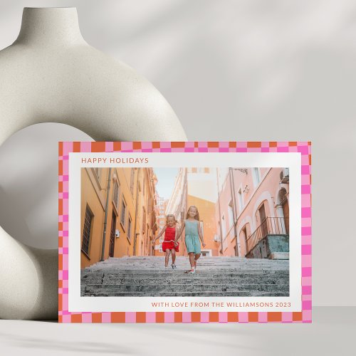 Pink Orange Unique Retro Checkerboard Two Photo  Holiday Card