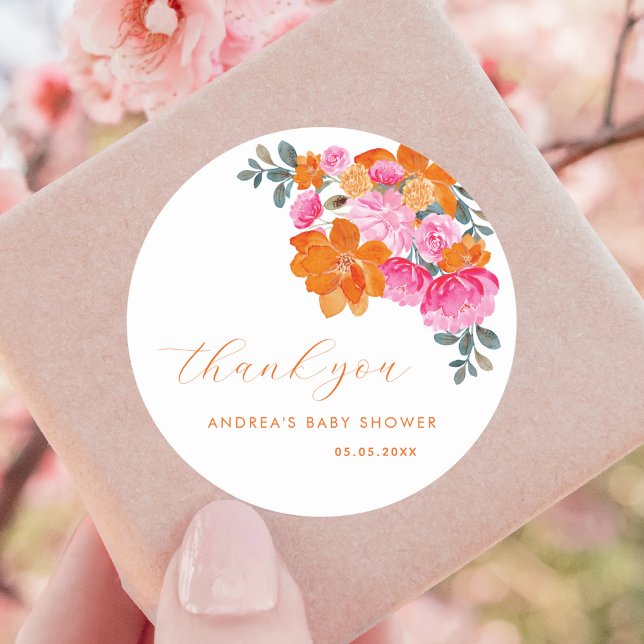Pink Orange Vibrant Floral Baby Shower Thank You Classic Round Sticker (Creator Uploaded)