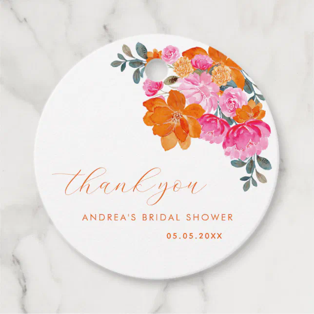 Pink Orange Vibrant Floral Bridal Shower Thank You Favor Tags | Zazzle