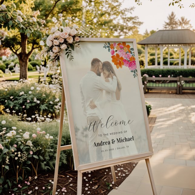 Pink Orange Vibrant Floral Garden Wedding Welcome Foam Board (Creator Uploaded)