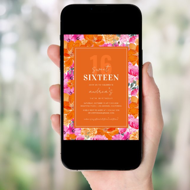 Pink Orange Vibrant Garden Sweet 16 Birthday Party Invitation (Front Digital)