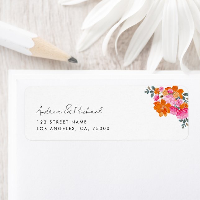 Pink & Orange Vibrant Summer Bloom Floral Wedding Label (Insitu)