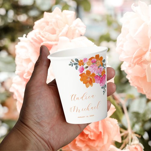 Pink Orange Vibrant Summer Custom Floral Wedding Paper Cups