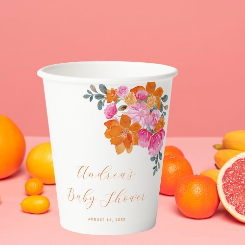 Pink Orange Vibrant Summer Floral Baby Shower Paper Cups