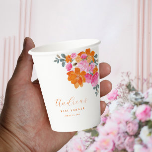 Pink & Orange Vibrant Summer Floral Baby Shower  Paper Cups