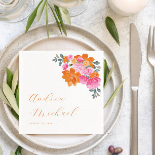 Pink Orange Vibrant Summer Floral Bloom Wedding Napkins