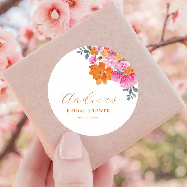Pink & Orange Vibrant Summer Floral Bridal Shower  Classic Round Sticker (Creator Uploaded)