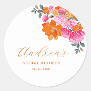 Pink & Orange Vibrant Summer Floral Bridal Shower  Classic Round Sticker