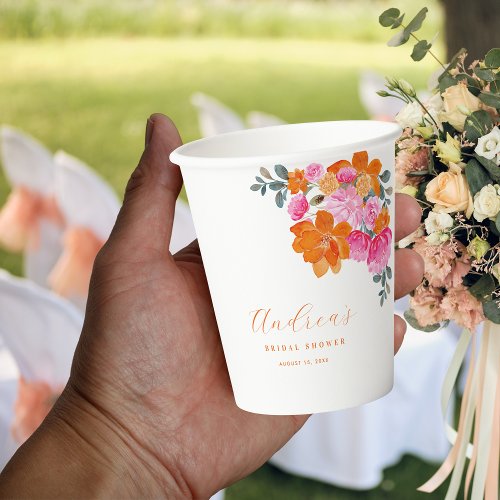 Pink  Orange Vibrant Summer Floral Bridal Shower  Paper Cups