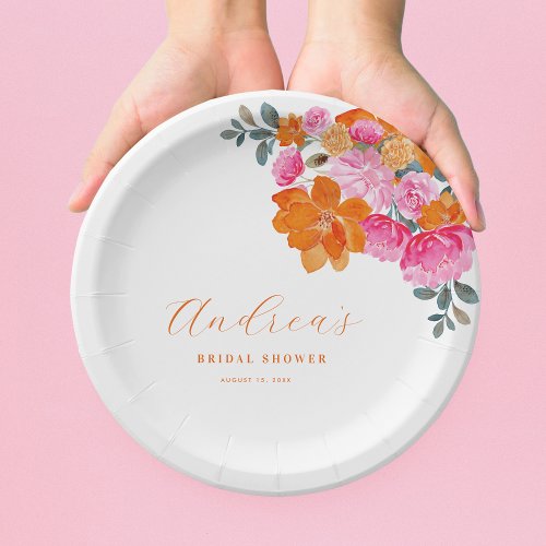Pink  Orange Vibrant Summer Floral Bridal Shower  Paper Plates