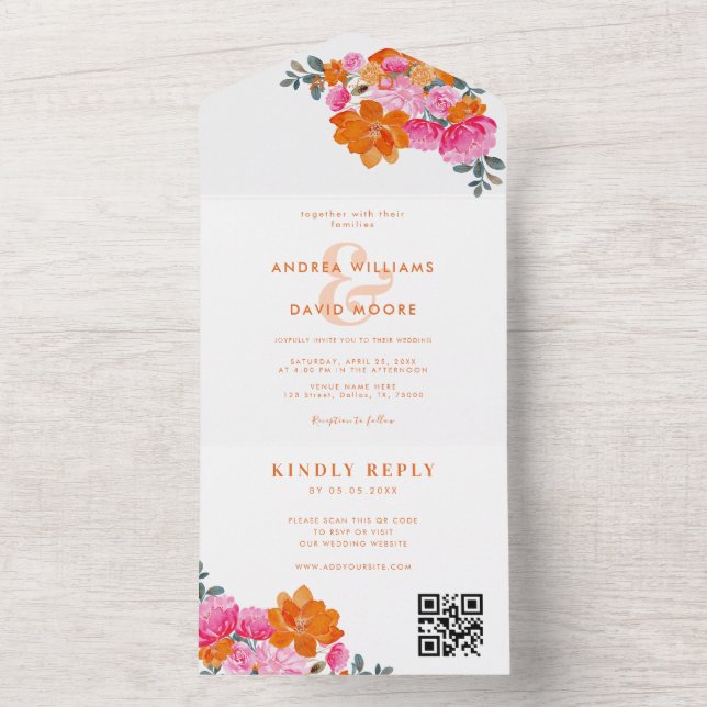 Pink Orange Vibrant Summer Floral QR Code Wedding All In One Invitation (Inside)