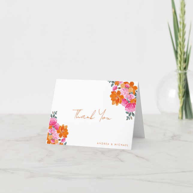 Pink & Orange Vibrant Summer Garden Bloom Wedding Thank You Card (Front)