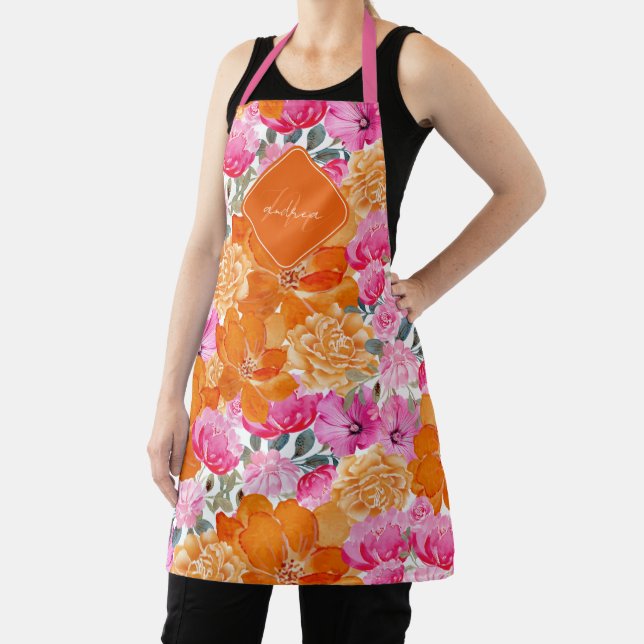 Pink & Orange Vibrant Summer Garden Monogram Bloom Apron (Insitu)