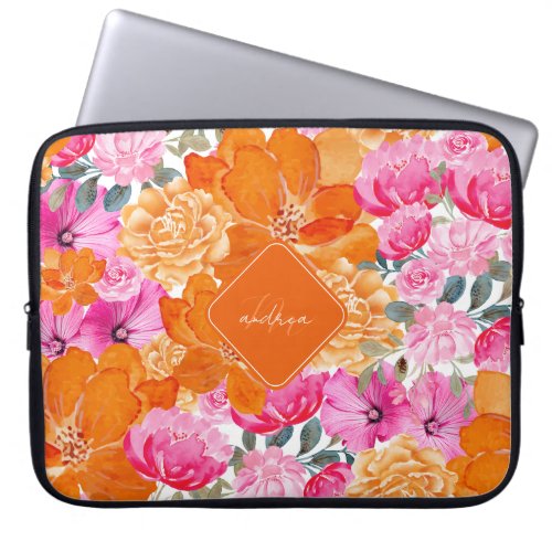 Pink  Orange Vibrant Summer Garden Monogram Bloom Laptop Sleeve