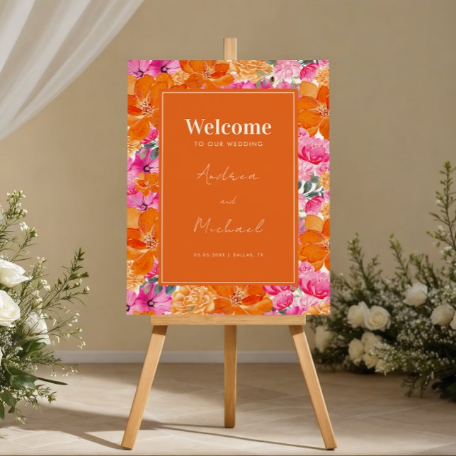 Pink Orange Vibrant Summer Garden Wedding Welcome Foam Board (Creator Uploaded)