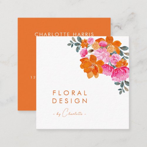 Pink  Orange Vibrant Watercolor Floral Designer   Square Business Card
