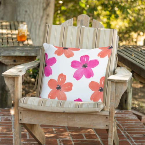 Pink Orange Watercolor Five Petal Flower Pattern  Outdoor Pillow
