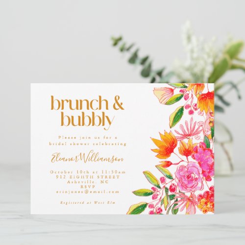 Pink Orange Watercolor Floral Bridal Brunch Bubbly Invitation