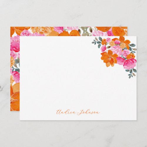 Pink Orange Watercolor Floral Custom Name Bloom Note Card