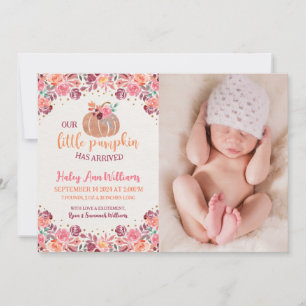 Pink & Orange Watercolor Floral Lil Pumpkin Birth Invitation