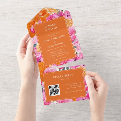 Pink Orange Watercolor Floral QR Code Wedding All In One Invitation