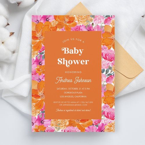 Pink  Orange Watercolor Floral Retro Baby Shower Invitation