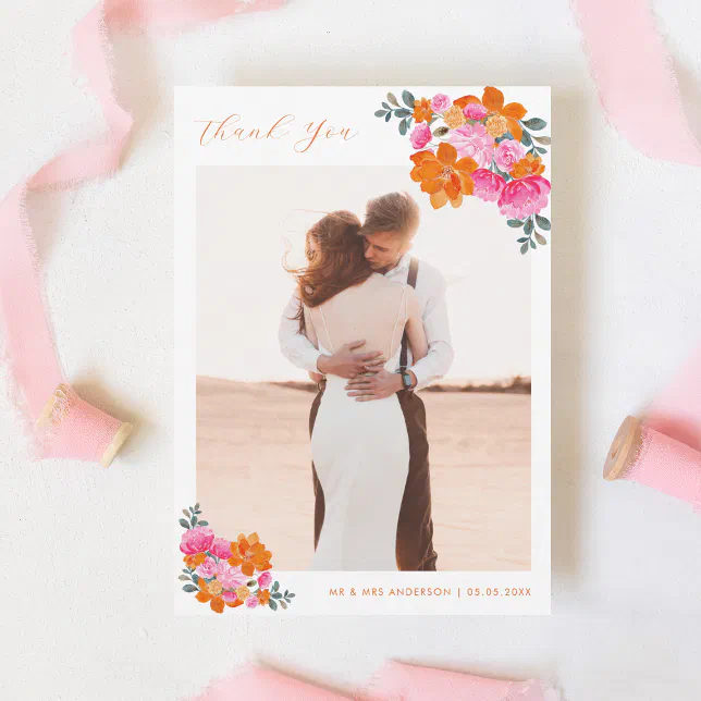 Pink & Orange Watercolor Floral Romantic Wedding Thank You Card | Zazzle