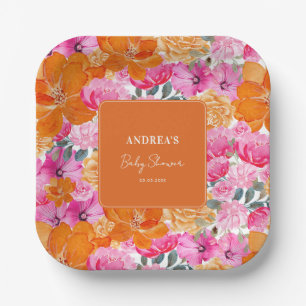 Pink Orange Watercolor Floral Summer Baby Shower Paper Plates