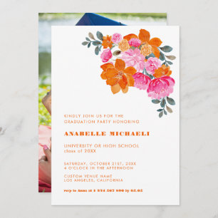 Pink & Orange Watercolor Floral Vibrant Graduation Invitation