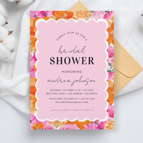 Pink  Orange Watercolor Floral Wavy Bridal Shower Invitation