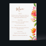 Pink Orange Watercolor Floral Wedding Dining Menu<br><div class="desc">This personalized design features bright pink and orange watercolor florals paired with clean, modern typography for an elegant wedding table. The vertical layout works beautifully for plated dinners, receptions, and garden-inspired celebrations. Customizable text allows you to list courses, drinks, or special notes for guests. Designed to coordinate seamlessly with matching...</div>