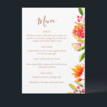 Pink Orange Watercolor Floral Wedding Dining Menu<br><div class="desc">This personalized design features bright pink and orange watercolor florals paired with clean, modern typography for an elegant wedding table. The vertical layout works beautifully for plated dinners, receptions, and garden-inspired celebrations. Customizable text allows you to list courses, drinks, or special notes for guests. Designed to coordinate seamlessly with matching...</div>