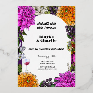 Pink & Orange Watercolor Floral Wedding invitation Foil Invitation
